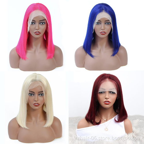 High Quality Top Sale Silk Base Short Blue Color Bob Wig Straight 13x4 Lace Front Human Hair Ombre Wigs